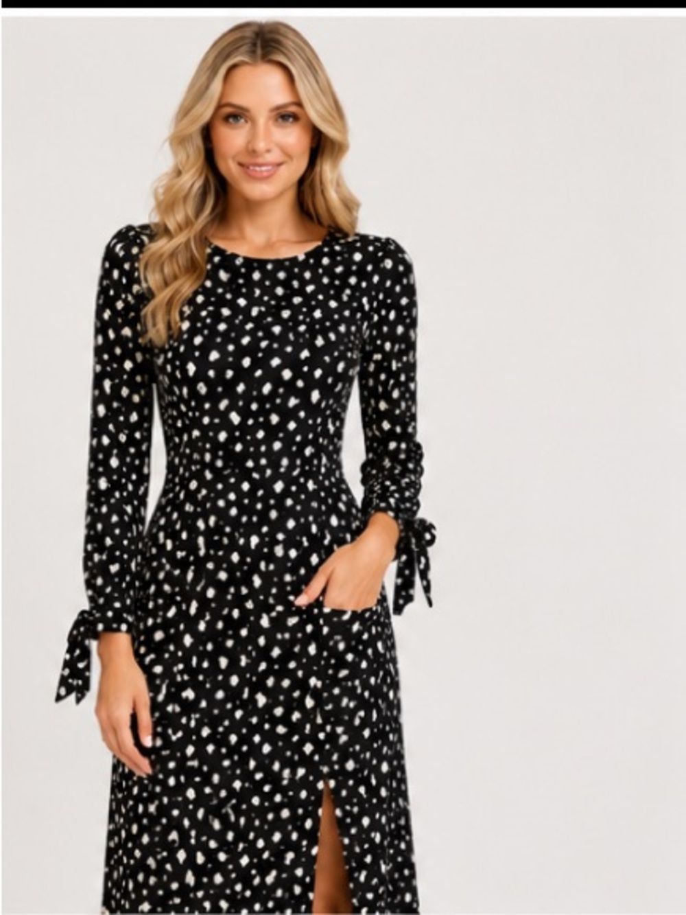 Edit by Nine Black White Patterned Midi Dress Slit Sleeve Tie Size S - Picture 2 of 13